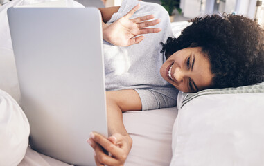 Canvas Print - Video call, laptop and woman wave in bed in bedroom for online chat in the morning. Technology, communication and black female waving on virtual conference while talking to contact with computer.