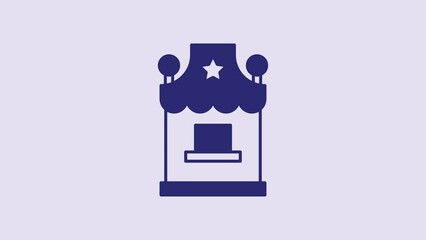 Sticker - Blue Ticket box office icon isolated on purple background. Ticket booth for the sale of tickets for attractions and sports. 4K Video motion graphic animation