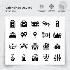 Valentine's day icons set in glyph black fill style with holiday traveling and dinner themed