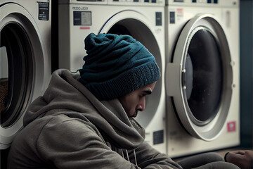 Wall Mural - sad man in the laundry shop