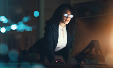 Sticker - Business, night and black woman on computer at desk for project, strategy report and reading email. Corporate manager, dark office and female standing done working on schedule, planning and research