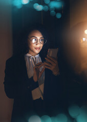 Aufkleber - Black woman, business phone and night for communication, network connection and chat. Entrepreneur person in dark office for social media, networking or mobile app bokeh mockup for online research