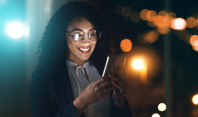 Poster - Business, black woman and phone with night bokeh lights for communication and network connection. Entrepreneur person in dark office for social media, networking or mobile app for online review chat