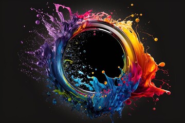 abstract circle liquid motion flow explosion. curved wave colorful pattern with paint drops on black