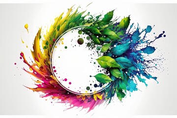 Wall Mural - Abstract circle liquid motion flow explosion with green leaves. Curved wave colorful pattern with paint drops on white background