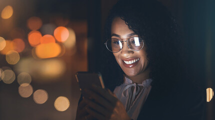 Aufkleber - Night, black woman and business phone with bokeh lights for communication network connection. Happy entrepreneur person in dark for social media, networking or mobile app ux for investment mockup