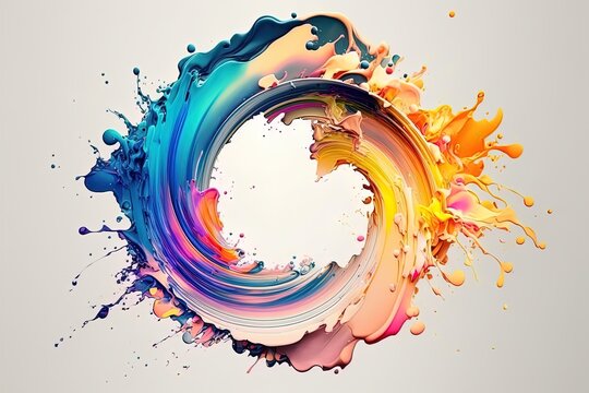 abstract circle liquid motion flow explosion. curved wave colorful pattern with paint drops on white