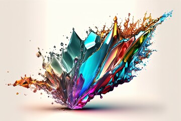 Canvas Print - Abstract prism crystal with colorful paint explosions drops and flow motions on white background.