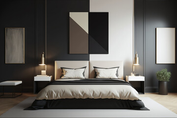 A luxurious black and beige bedroom, minimalist and modern with a giant bed.  Generative AI.
