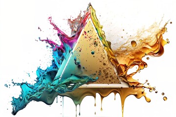 Poster - Abstract triangular prism crystal with colorful paint explosions drops and flow motions on white background.