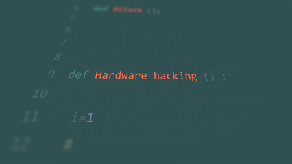 Cyber attack Hardware hacking vunerability in text ascii art style, code on editor screen.