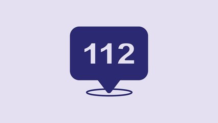 Sticker - Blue Telephone with emergency call 112 icon isolated on purple background. Police, ambulance, fire department, call, phone. 4K Video motion graphic animation