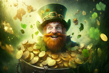 Saint Patrick Day's Leprechaun With Ginger Beard And Black Pot Of Gold Coins And Shamrock Leaves - Generative Ai