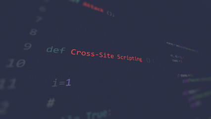 Cyber attack cross-site scripting (XSS) vunerability in text ascii art style, cross site scripting code on editor screen.