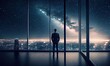 © iridescentstreet - Back view of businessman suit standing at office looking at night city through panoramic window. Generative AI