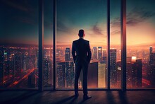 Back View Of Businessman Suit Standing At Office Looking At City Through Panoramic Window. Generative AI