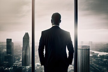 Wall Mural - Back view of businessman suit standing at office looking at city through panoramic window. Generative AI