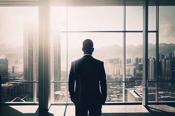 back view of businessman suit standing at office looking at city through panoramic window. generativ