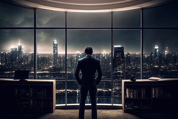 Wall Mural - Back view of businessman suit standing at office looking at night city through panoramic window. Generative AI