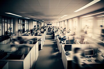 Long exposure shot of modern office lobby with business people. Generative AI