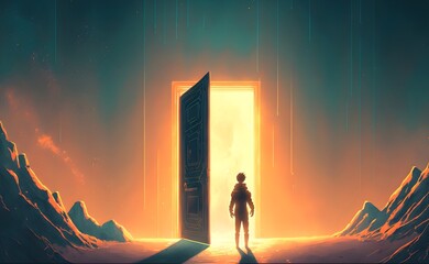 Wall Mural - man standing in front of the glowing door that lead to another realm, digital art style, illustration painting