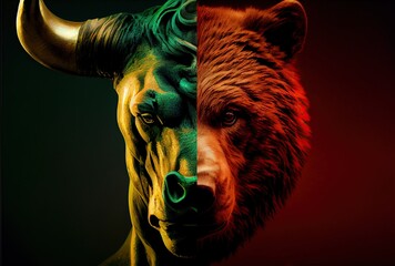 Bull versus bear in suits facing each other, trading on forex concept. Bullish vs bearish trend. Generative AI