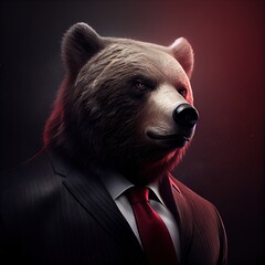 angry bear in suit with red tie on wall street, concept of falling stock market. generative ai