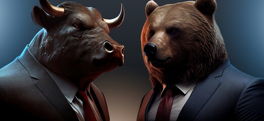 Bull versus bear in suits facing each other, trading on forex concept. Bullish vs bearish trend. Generative AI