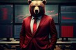 Bear in red suit with downtrend candlestick charts on monitors, bear market, trading volatility and recession concept. Generative AI