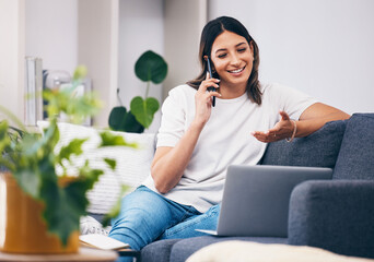 Poster - Woman, phone call and laptop on sofa for idea with smile in conversation or discussion at home. Happy female freelancer in communication on smartphone with computer relaxing on living room couch