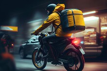 Delivery Man On Scooter Driving On The Street Of City. Food Delivery App. Generative AI