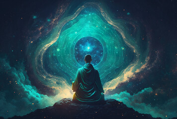 Wall Mural - Buddha meditating in the universe, monk contemplating a beautiful cosmos. Buddhism, spirituality . Illustration, generative AI. 