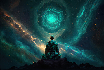 Wall Mural - Buddha meditating in the universe, monk contemplating a beautiful cosmos. Buddhism, spirituality . Illustration, generative AI. 