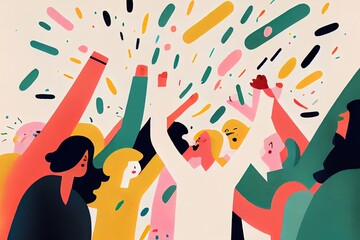 minimalist art illustration of people celebrating victory, raising fists with excitement. generative