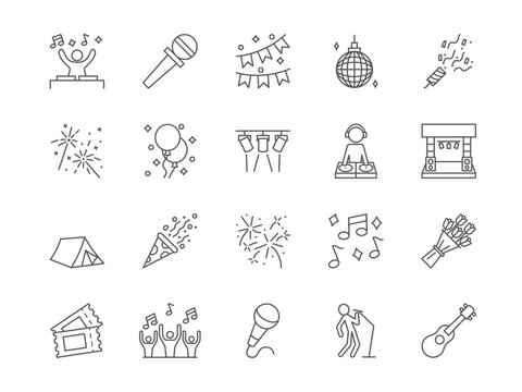 Wall Mural - Music event. Concert icons. Festival entertainment. Singer on party. Tent and microphone. Musician performance. DJ disco. Confetti cracker. Fireworks symbols. Vector line pictograms set