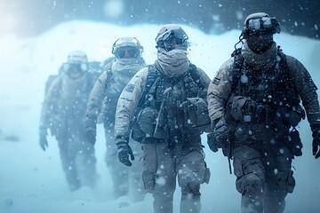 Wall Mural - Special forces on winter mission, under the snow, arctic squad of armed northern soldiers. Generative AI