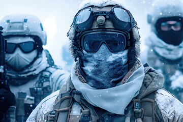 Wall Mural - Special forces on winter mission, under the snow, arctic squad of armed northern soldiers. Generative AI