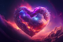 Dreamy Illustration Of Pink And Purple Heart Shaped Clouds In Space, Galaxy With Stars. Generative AI
