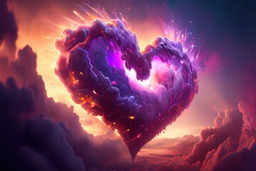Wall Mural - Dreamy illustration of pink and purple heart shaped clouds in space, galaxy with stars. Generative AI