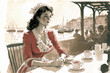 © Loktor - Ilustración de una mujer tomando un café al lado del mar, estilo acuarela, siglo XIX, creada con IA generativa