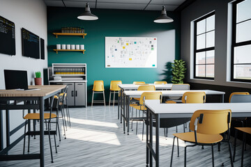 Wall Mural - A modern classroom with tables and chairs, interior design - Generative AI