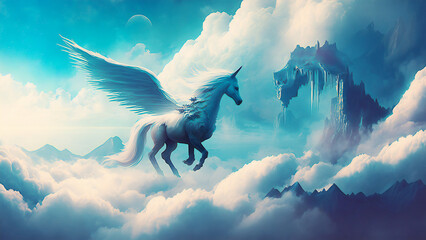  Pegasus soaring in the sky, cloud world, digital illustration, generated by AI
