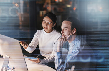 Cybersecurity overlay, futuristic team data and ux computer database of it workers talking. Tablet, digital hologram and information technology work of a office team working on research at night