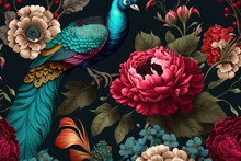 Abstract Seamless Pattern Elegant Leather Base Peacock Feather, Butterflies With Bright Color Floral And Flowers On A Wall Illustration Background. 3d Interior Mural Painting Wall Art Wallpaper. Ai 
