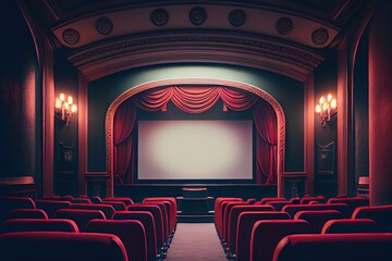 Art deco movie theater, vintage cinema with blank screen mock up. Generative AI