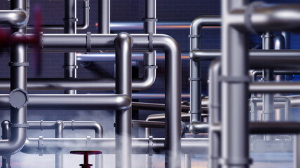 Wall Mural - Industrial pipes. Tangled pipeline with steam. Industrial background. Steel pipes in boiler room. Industrial background for advertising. Pipes inside chemical plant or factory. 3d image.