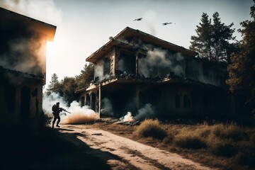 A soldier with a gun and a backpack stands in front of a burning house, from which smoke comes, war, explosions, fire, smoke, devastation. Generative AI