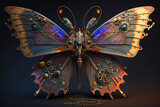 magic steampunk fantasy butterfly on dark blue background, generative ai