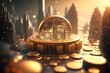 Gold Bicoin city , Skycrapers buildings on bitcoin with blurred building background, A Futuristic Financial Hub of the Virtual World,  Rise of Bitcoin with Futuristic Cityscape concept, generative ai