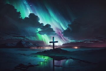 cross on the mountain with northern lights IA